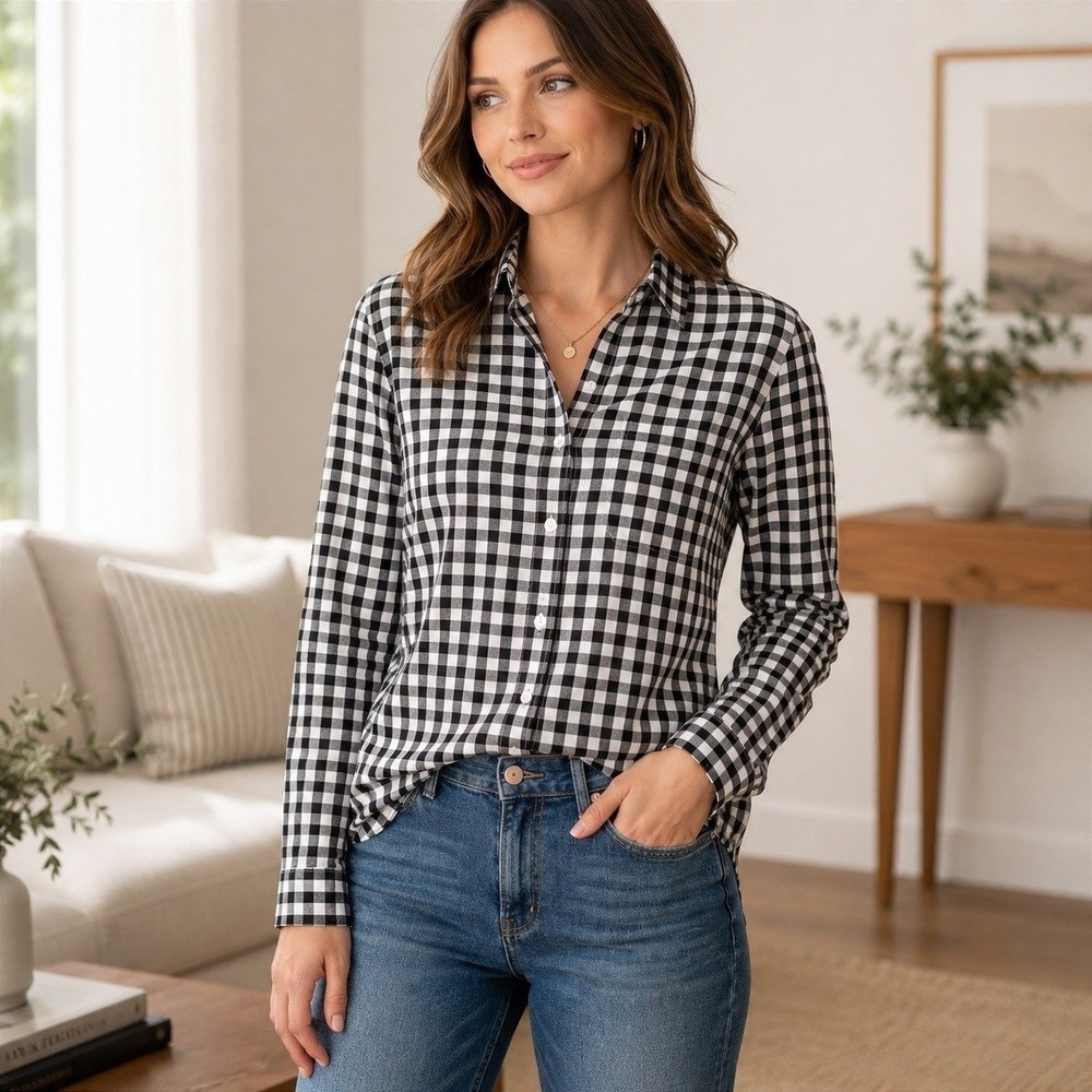 J.Crew Black White Gingham Button Front Shirt Womens Small 100% Cotton Blouse